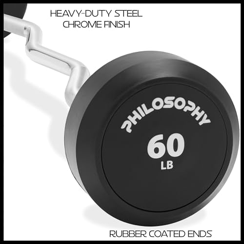 Philosophy Gym Rubber Fixed Barbell, Pre-Loaded Weight EZ Curl Bar for Strength Training & Weightlifting - style: 60 LB