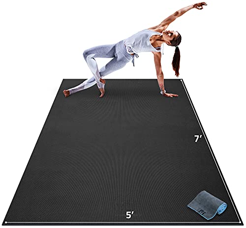 Gorilla Mats Large Yoga Mat – 6'x4', 7'x5' (8mm) Extra Thick & Wide Non-Slip Exercise Mat for Home Gym Flooring – Ultra Comfortable Workout Floor Mat for Barefoot Fitness, Anti Fatigue, Stretching - color: Onyx Black Mat with Gray Towel, 2 Storage Straps