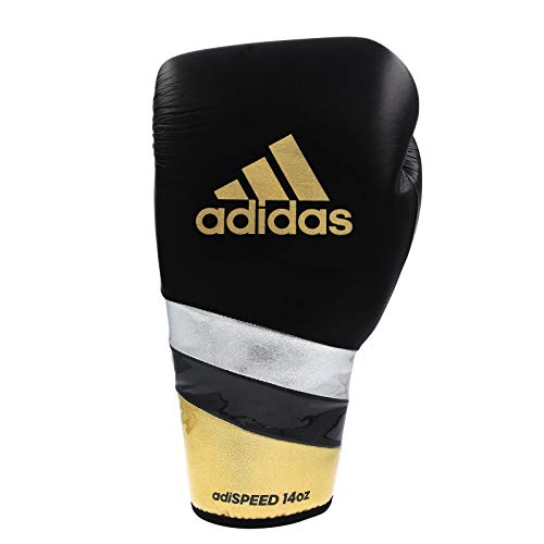 adidas Speed 500 Pro Boxing Gloves – Genuine Leather Training Gloves for Men & Women, Lace-Up Heavy Bag & Kickboxing Gloves - color: BLACK/GOLD/SILVER, size: 18 oz