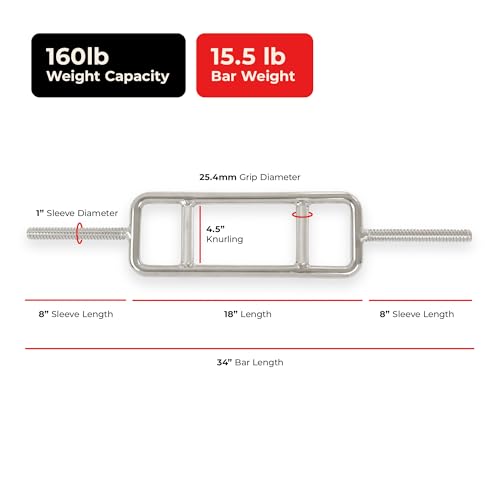 Sunny Health & Fitness 34" Standard Tricep Bar – 1" Plate Compatible, 25 mm Knurled Grip, Chrome Finish, Star-Lock Collars, 160 lb Capacity
