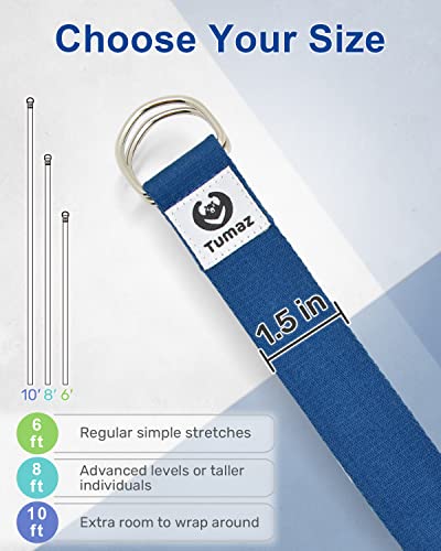 Tumaz Yoga Strap for Stretching with Adjustable D-Ring, 6/8/10 ft | Adjustable D-Ring | Soft Cotton Blend | 15+ Colors | Non-Elastic Yoga Belt for Pilates Stretching & Physical Therapy - color: 10. Classic Blue, size: 10 Feet (with Storage Band)