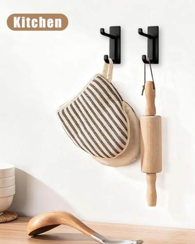 Self Adhesive Wall Hooks, 6 Pack Coat Hooks Wall Mount Heavy Duty Stainless, Double Extra Stick On Towel Hook for Bedroom Kitchen, Over the Door Hook for Hanging Key Hat Backpack (Black) - color: Black