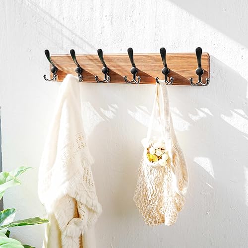 Dseap Coat Rack Wall Mounted - 24" Long 6 Tri Hooks, Heavy Duty Wooden Wall Coat Hanger Coat Hook for Clothes Hat Jacket Clothing, Natural and Black - color: Natural & Black, size: L=24"