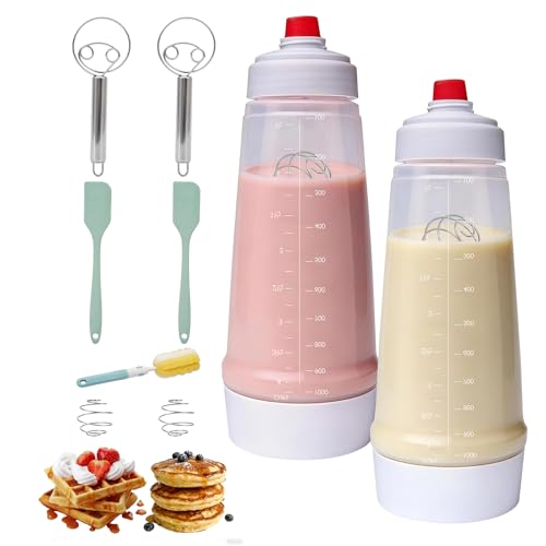 Pancake Batter Dispenser Bottle Kit with 7 Accessories, 1000ml Silicone Squeeze Pancake Mixer Bottle with Whisk Ball and Stand Base, Pancake Shaker Bottles for Cupcakes Muffins Waffle Crepes(2pack) - color: White