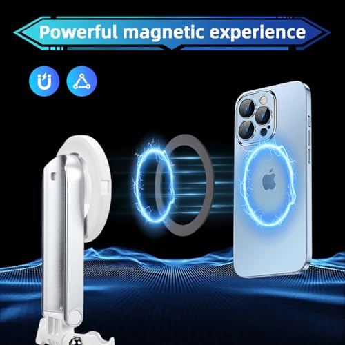 MQOUNY for Magsafe Tripod Stand for iPhone,Portable Pocket Size Selfie Stick with Rechargeable Remote and Metal Ring,Extendable Detachable Cell Phone Tripod Compatible with iPhone/Android (White) - color: White