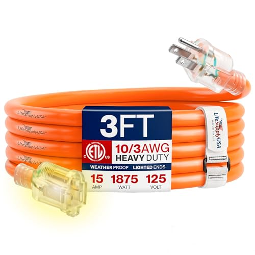3ft Outdoor/Indoor Extension Cord 10/3 Gauge Ultra Heavy Duty 3 Prong SJTW, Waterproof, ETL Listed, Flexible Cold-Resistant Long Power Cord,15A 125V 1875W, Orange by LifeSupplyUSA - color: Orange, size: 3 FT, style: 10 Gauge (ULTRA HEAVY DUTY)