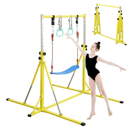 FC FUNCHEER Foldable Gymnastics Bar,5FT Horizontal bar,Adjustable Kids Training bar for Kids Ages 3-15,Kids Gymnastics bar,Triangle Stable Structure-Gym Equipment for Home - color: Bright yellow, style: Bar-Swing-Rings