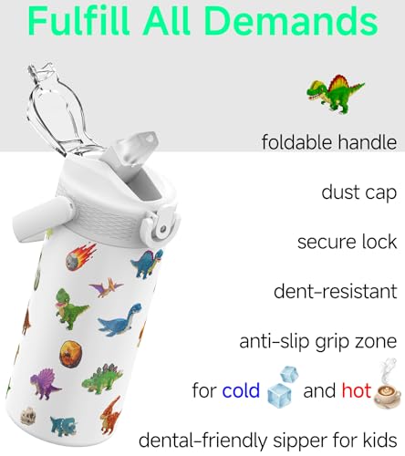 MYFOREST 14oz/400ml Insulated Kids Water Bottle, Odor-free Liner, 3D Touch | No Plastic Taste, Surgical Steel - No Chemical Leaching, Name Spot, Soft Sipper, Gift for Dino Fan, DinoCraft: Pixel - color: DinoCraft: Pixel