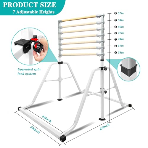 Foldable & Moveable Gymnastics Horizontal Bar with Rings,3’to 5’Adjustable Height Expandable Junior Kip Bar for Home,Indoor Gym Equipment for Kids - style: Foldable White with Rings
