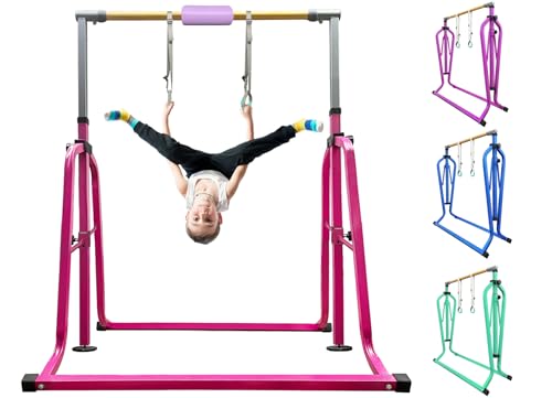 Foldable & Moveable Gymnastics Horizontal Bar with Rings,3’to 5’Adjustable Height Expandable Junior Kip Bar for Home,Indoor Gym Equipment for Kids - style: Foldable Pink with Rings