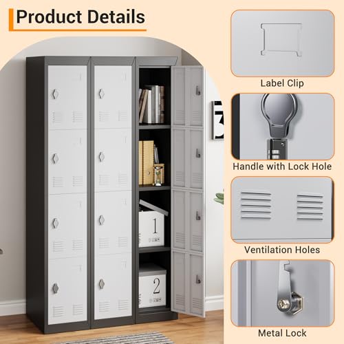 72" Tall 4 Door Metal Locker with Key, Heavy Duty Steel Storage Cabinet with Shelves, Lockable Employee Locker for School, Office, Gym, Home, Garage, Grey & Black - size: 4 Door