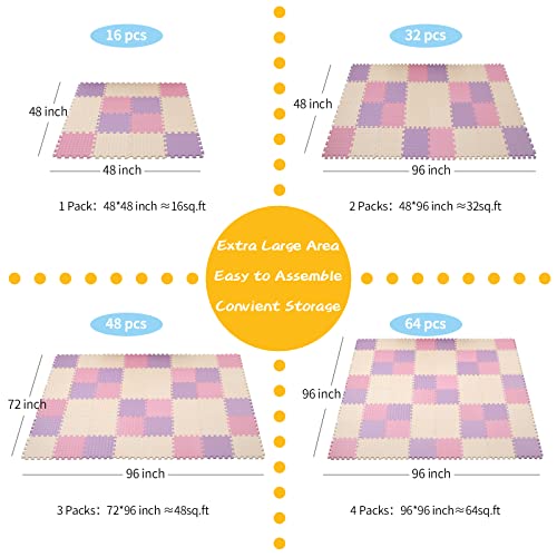 Foam Play Mat for Baby, 0.4 Inch Thicked Interlocking Floor Mats with Solid Colors, Soft Non-Toxic Squares Baby Play Mat, EVA Foam Puzzle Floor Mat for Toddler, 16 Tiles(Pink/Beige/Purple) - color: Pink/Beige/Purple, size: 16 Pcs/47.2*47.2