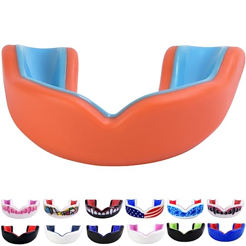 Oral Mart Youth Sports Mouth Guard for Kids (USA Flag, Fangs, 20+ Colors to Choose from) Mouthguard for Football, MMA, Karate, Boxing, Rugby, BJJ, Flag Football – /w Case (Youth, Strapless) - color: Orange / Blue