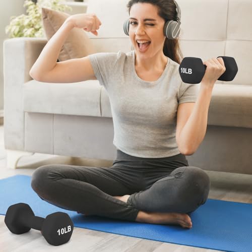 MADOG Dumbbell Set, Anti-Slip Neoprene Coated Hexagon Hand Weights for Home Gym Equipment Workouts Strength Training - color: Black, style: 10 Pound - Pair