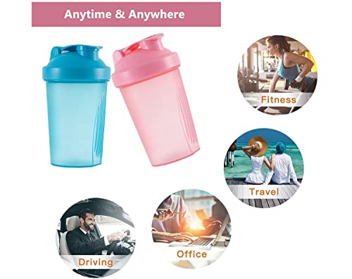 ANNAKIKI Shaker Bottle Protein Shakes and 16-Ounce/400ML Shaker Bottle with Wire Whisk Balls,Free of BPA plastic (Blue+Pink(2PCS))