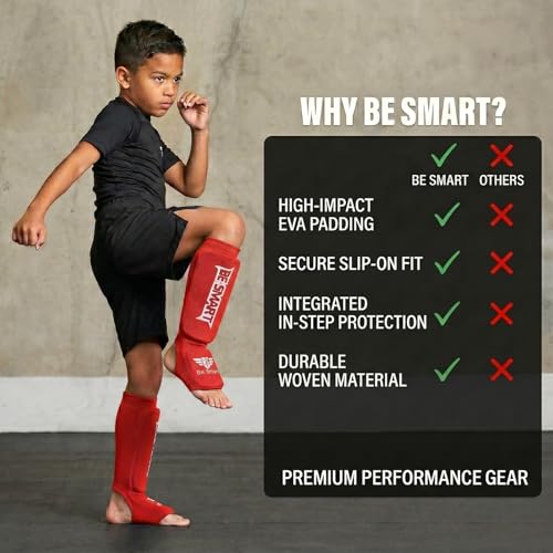 Be Smart Kids, Adults, Youth, Men and Women Muay Thai MMA Kickboxing Shin Guards, Instep Guard Training, Sparring Protective Gear Equipment Shin Kick Pads - color: Red, size: XXS ( 9 to 13 Years )