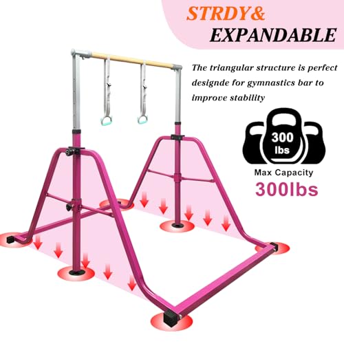 Foldable & Moveable Gymnastics Horizontal Bar with Rings,3’to 5’Adjustable Height Expandable Junior Kip Bar for Home,Indoor Gym Equipment for Kids - style: Foldable Pink with Rings