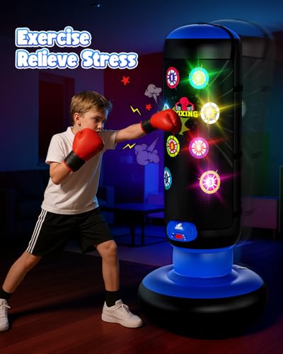 HopeRock Punching Bag for Kids, Boxing Set with Scoring, Light, Music, 4 Game Modes, Inflatable Boxing Bag with Gloves, Birthday Gifts Toys for 4-8-12 Years Old Boys