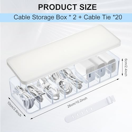 Tatuo 2 Pcs Cord Organizer for Drawer Desktop, Cable Organizer Box with 8 Compartments and Wire Ties, Plastic Charger Storage with Lid, Electronics Case for Home Office Accessories (Small,Clear,White) - color: Clear, White