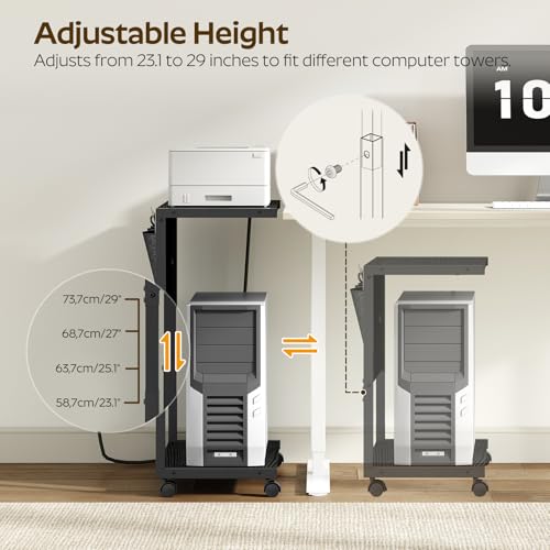 YATINEY PC Stand, Computer Tower Stand with Charging Station, Height Adjustable PC Tower Stand for Floor, 2 Tier Computer Cart On Wheels, 23.1"-29" H,19.7" L x 11" W, for Home Office, Black CJ60BB - color: Black