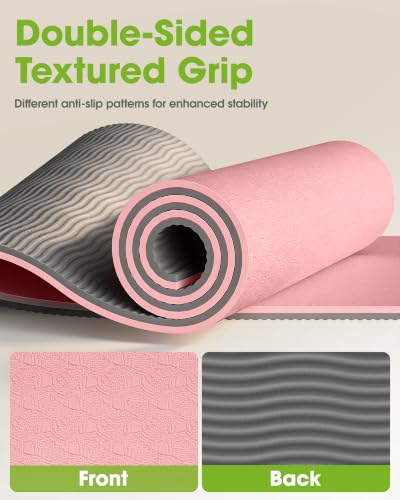 Pureegg Non Slip Yoga Mat, TPE, 72" x 24" x 0.24", Pilates | Workouts, Exercise, Core Training, Dual-Sided Texture, Stays Flat, Portable, With Strap & Carry Bag