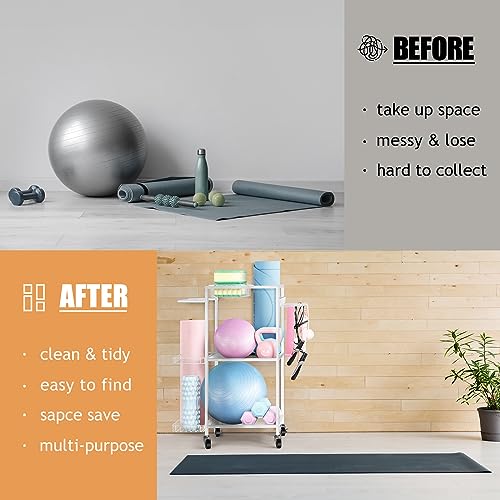 LIANTRAL Yoga Mat Storage Rack - Metal Gym Organizer for Yoga Mats, Foam Rollers & Fitness Equipment, Space Saving Workout Equipment Storage Rack for Home Exercise and Fitness Gear - color: White