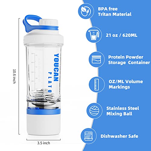 21oz Protein Shaker Bottle with Powder Storage Container-Shaker Cups for Protein Shakes-pre workout bottle-Mixer Cup-Gym Sport Water Bottle -Made with Tritan BPA Free,with Wire Whisk Balls (Blue) - color: Blue