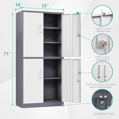 SISESOL Storage Cabinets With Doors And Shelves, 71'' Metal Garage Cabinet Locking, Adjustable Layers For Home Gym, bathroom, kitchen, office, Gray White