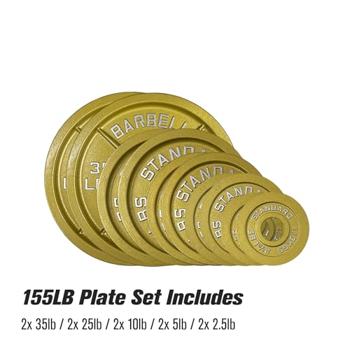 Gold Finish Olympic Steel Plates - Pairs and Sets 2 Inch Barbell Standard in Premium Gold for Weight Lifting - color: 155lb Set