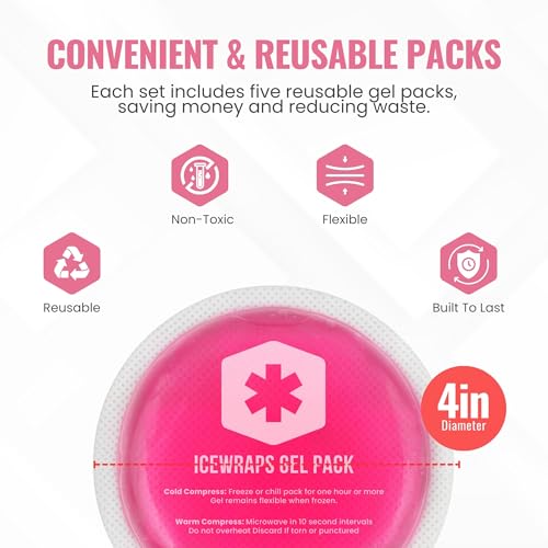 ICEWRAPS 4 inches Round Reusable Ice Packs with Cloth Backing, 5-Pack Pink | Easy to Use Hot and Cold Gel Pack, Flexible Cold Packs, Leak-Resistant, Sensitive Skin Safe, Made in Canada, FSA-HSA Eligible - style: Pink- with Cloth Backing