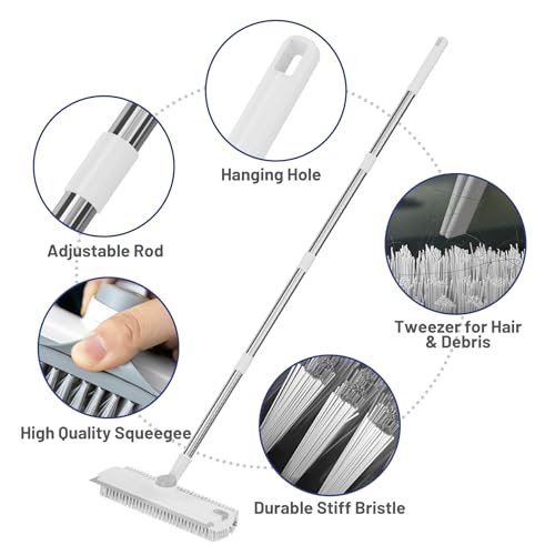 3 in 1 Floor Scrub Brush with Long Handle & Squeegee | Heavy-Duty, Adjustable, 360° Rotating Head for Cleaning Tile Bathroom Deck Kitchen Patio, White - color: White
