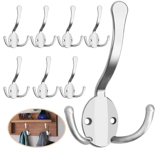 Homanu 8 Pack Coat Hooks Heavy Duty, Metal Three Prongs Large Coat Hooks Wall Mounted with 16 Screws, No Rust Silver Rustic Wall Hooks for Hanging Towel, Coat, Scarf, Bag, Hat, Cup, Key - color: 8 Pcs Silver