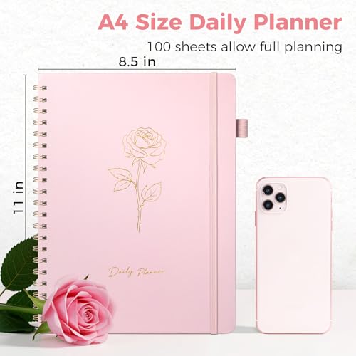 Oucaru Undated Daily Planner, 8.5"x11", A4 Size Spiral Notebook with Hourly Schedule, To Do List, Priorities, and Notes for Productivity - Easily Organize Your Tasks, Appointments & Goals for Women - size: A4-Pink, style: Daily Planner