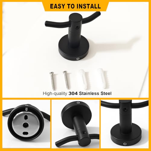 2 Pack Towel Hooks for Bathroom, Screw in Stainless Steel Wall Hooks for Hanging Coat Robe Keys(Matte Black) - color: Matte Black