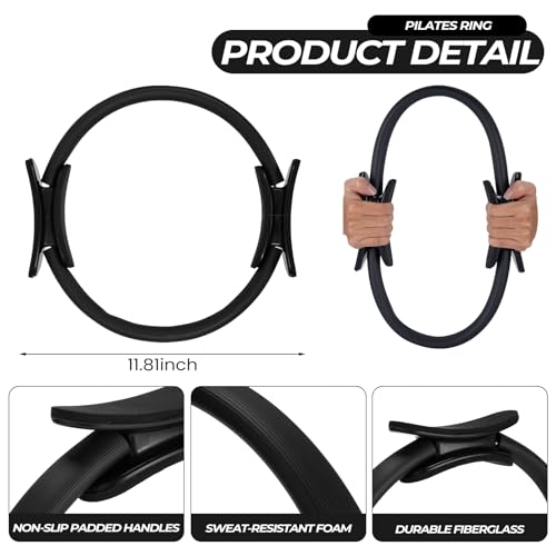 Seenelling 18 Pcs Pilates Ring and Ball Set with Resistance Bands Home Workout Pilates Equipment 11.8 Inch Magic Circle with Padded Handles, Mini Ball for Strength, Toning and Flexibility - color: Black
