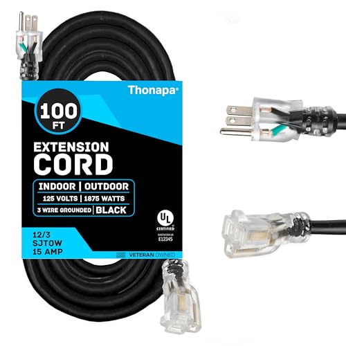 Thonapa 12 Gauge Extension Cord 100 Ft Outdoor - 12/3 Heavy Duty, SJTOW Oil | Resistant Black Cable, Lighted End, 3 Prong, Grounded Plug, For Job Sites, Garden & Major Appliances - color: Black, size: 100 Foot
