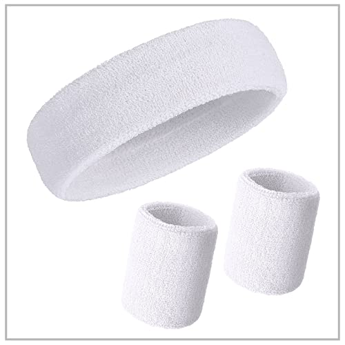 Bememo 6 Pcs Neon Sports Sweatbands Set Sports Competitions Sweatbands 2 Headband 4 Wristbands Breathable Terry Cloth Athletic Bands for Team Soccer Spirit 80s Costumes Cosplay - color: White