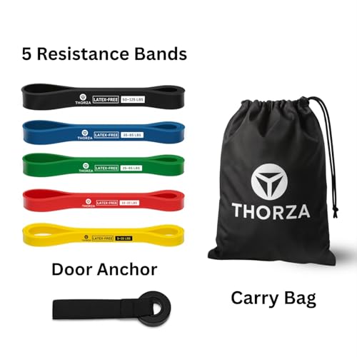 THORZA Resistance Bands Set – 5 Stackable Levels Up to 150 lbs, Workout Bands with Handles, Door Anchor & Carry Bag, Latex-Free TPE Exercise Bands – Full Body Home Gym (7-Piece Set)