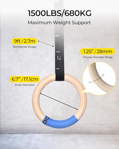 PACEARTH Gymnastics Rings Wooden Olympic Rings 1500/1000lbs with Adjustable Cam Buckle 14.76ft/9ft Long Straps with Scale Non-Slip Gym Rings for Home Gym Full Body Workout - size: 1.1" (28MM) Rings & Straps