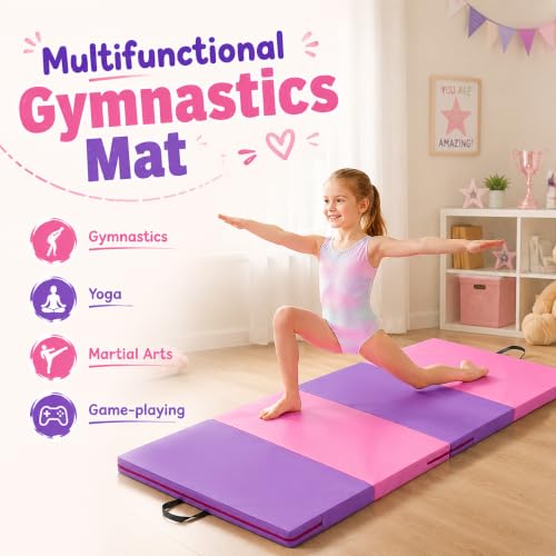 Gymnastics Mat, 3FTx6FT / 4FTx8FT 2" Thick Folding Kids' Gymnastic Tumbling Mat for Home Gym Exercise & Play - color: 3x6FT-Pink&Purple