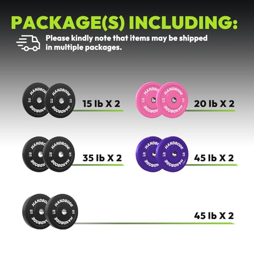 HANDBODE 2-Inch Weight Plates High Bounce, Olympic Bumper Plate Set 45/100/160/190/260/300lb, Colored Weight Plates Set for Home Gym, Barbell Weights Rubber Strength Training Plate for Weight Lifting - size: 340lb Set(2 * 15, 20, 35 & 4 * 45lb), style: St