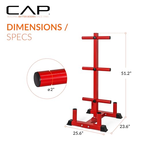 CAP Olympic Bumper Plate Tree Rack with Barbell Holders, Heavy-Duty Weight Plate Storage Rack for Home Gym, Steel Olympic Plate Organizer Stand, Multiple Color & Size Options - color: Red, size: 6-Plate Posts / 4 Bar Holders