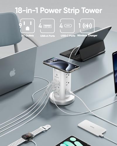 Kakyanill 115W USB Charging Station, Power Strip Tower with 9 AC 8 USB | 6Ft Flat Plug Retractable Extension Cord, for Home Office Dorm, White - color: White&Orange