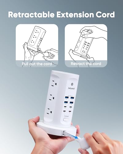 Kakyanill 115W USB Charging Station, Power Strip Tower with 9 AC 8 USB | 6Ft Flat Plug Retractable Extension Cord, for Home Office Dorm, White - color: White&Orange