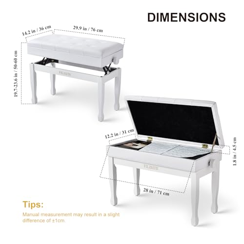 Adjustable Height Piano Bench with Storage, Solid Wood Duet Keyboard Stool, Waterproof Padded Seat Cushion, Multi-Use Bench for Piano, Vanity, Living Room, Bedroom XJ750-4(White) - color: White
