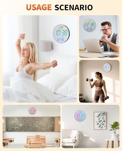 12" Large Digital Wall Mount Clock, Count Down Timer, Alarm, Big LED, 12 RGB Color, Temperature for Living Room Classroom Desk, Xmas, Birthday Gift for Senior Mom (Fabric Elements) - style: Black shell - Fabric Elements