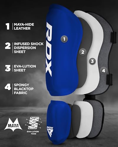 RDX Shin Guards Kickboxing Muay Thai, SATRA SMMAF Approved, Premium Maya Hide Leather, Leg Instep Protection Pads, MMA Martial Arts Kicking Sparring Training Gear, BJJ Karate Boxing Taekwondo, Black - color: Blue, size: Medium