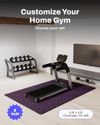 AIRHOP 0.56in Thick 24 Sq Ft Exercise Equipment Mats, 6 Tiles Upgraded Rubber Top with High Density EVA Foam, Large Interlocking Puzzle Gym Flooring for Home Gym, Heavy Weight Workout, 24 x 24in - color: Black/Purple, size: 24 Sq Ft (6 Tiles)