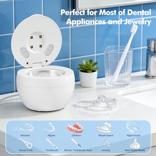 Upgraded Ultrasonic Retainer Cleaner Machine, 48kHz Ultrasonic Dentures Cleaner for Mouth Guards, Braces, Aligner, Toothbrush & Jewelry, 200ML Capacity, White - color: Pearl White