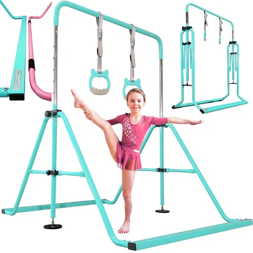 Folding Gymnastics Bar with Rings, Foldable Kip Bar with Sturdier Base, Training Bar for Kids Ages 3-10, Horizontal Bar, Home Gym Equipment for Boy Girl - color: Teal, style: Foldable Bar